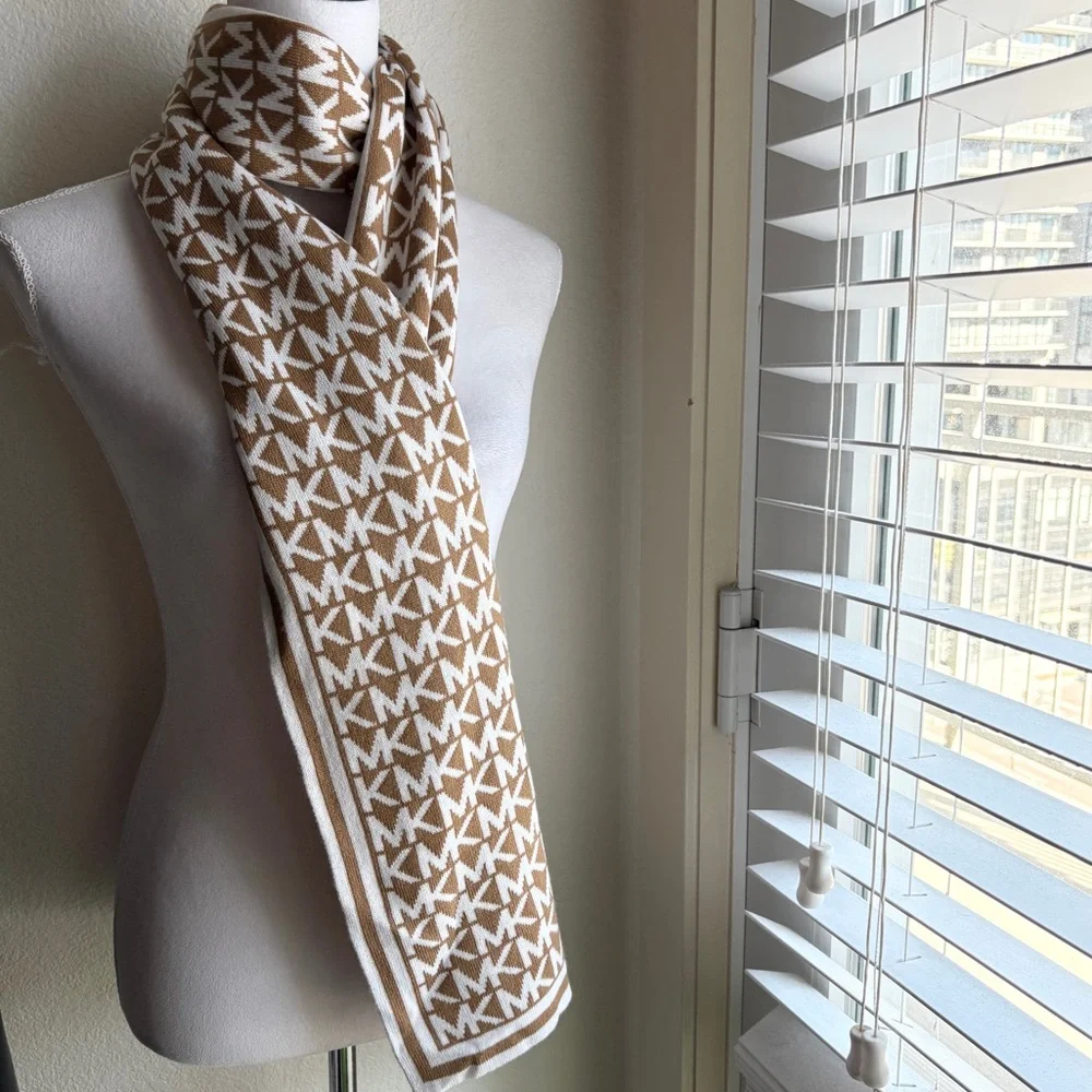 Michael Kors Bordered MK Logo Print Muffler Scarf in Camel Cream